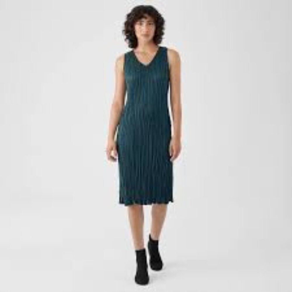NWT EILEEN FISHER ALPINE CRUSHED CUPRO V-NECK K/L TIERED DRESS